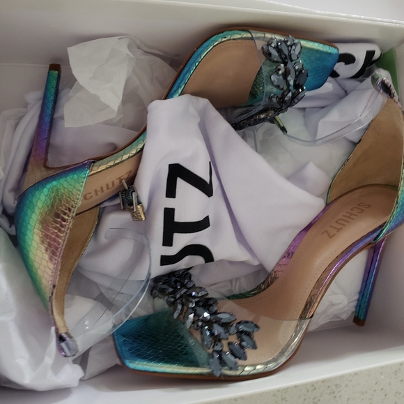 Schutz Shary Iridescent Crystal-Embellished Sandals in Rainbow Light - Picture 7 of 13
